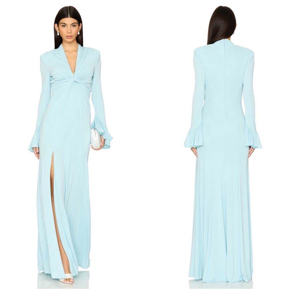 CINQ A SEPT Evelyn Long Sleeve Deep V Ruched Morning Sky Blue Maxi Dress Size 4